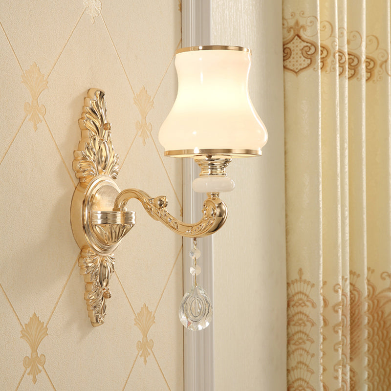 Bud Shade Corridor Wall Mount Light Minimalism Opaline Glass Gold Wall Lighting with Hanging Crystal Clearhalo 'Wall Lamps & Sconces' 'Wall Lights' Lighting' 2198374