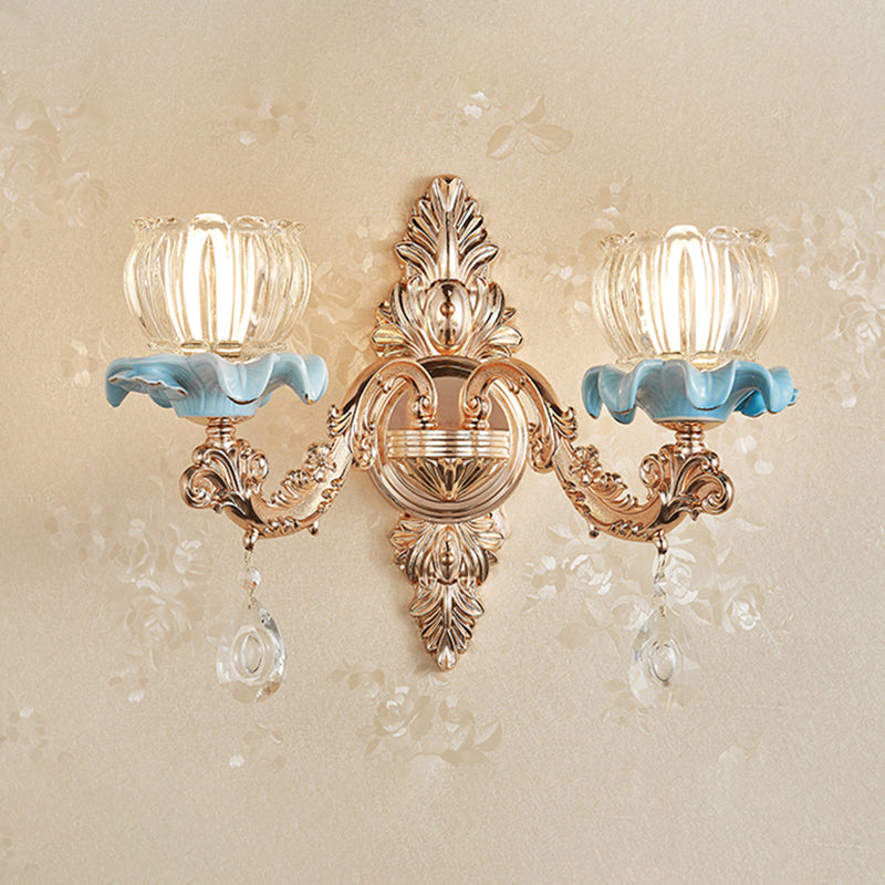 Gold Wall Lamp Simplicity Cream Glass Flower Wall Light Fixture with Crystal Draping 2.0 Gold B Clearhalo 'Wall Lamps & Sconces' 'Wall Lights' Lighting' 2198380