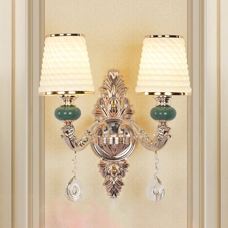 Traditional Tapered Wall Mount Light Textured Glass Wall Light Fixture with Hanging Crystal in Gold 2.0 Gold A Clearhalo 'Wall Lamps & Sconces' 'Wall Lights' Lighting' 2198389