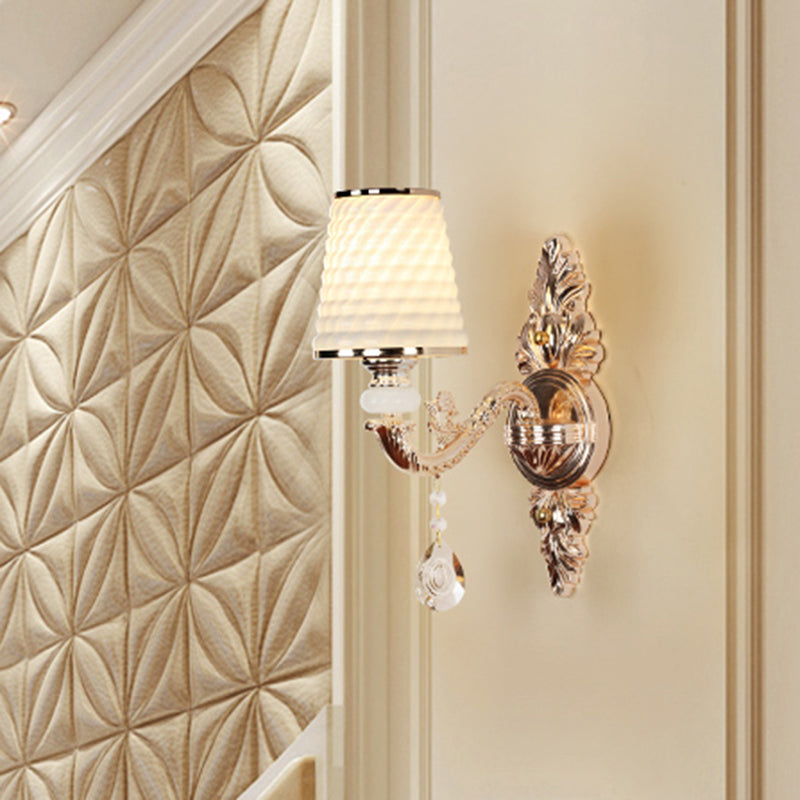 Tapered Textured Glass Wall Light Fixture Vintage Corridor Wall Mounted Lamp with Crystal Draping in Gold 1.0 Gold A Clearhalo 'Wall Lamps & Sconces' 'Wall Lights' Lighting' 2198395