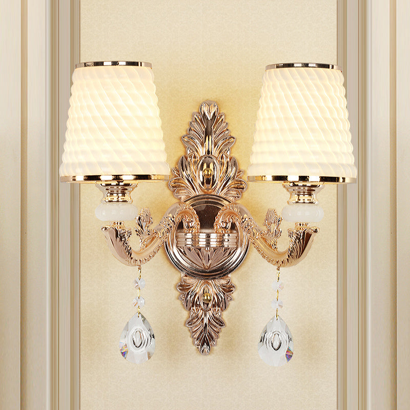 Tapered Textured Glass Wall Light Fixture Vintage Corridor Wall Mounted Lamp with Crystal Draping in Gold 2.0 Gold A Clearhalo 'Wall Lamps & Sconces' 'Wall Lights' Lighting' 2198397
