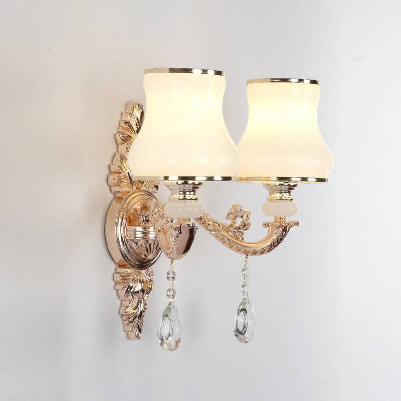 Tapered Textured Glass Wall Light Fixture Vintage Corridor Wall Mounted Lamp with Crystal Draping in Gold 2.0 Gold C Clearhalo 'Wall Lamps & Sconces' 'Wall Lights' Lighting' 2198404