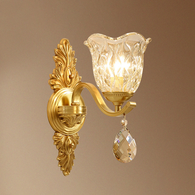 Handblown Glass Scalloped Bell Wall Lamp Simplicity Single Corridor Wall Light with Crystal Draping in Gold Clearhalo 'Wall Lamps & Sconces' 'Wall Lights' Lighting' 2198440