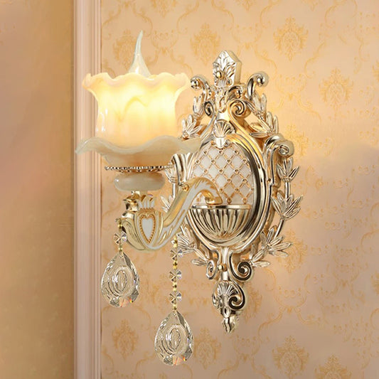 Jade Floral Wall Light Antique Living Room Wall Lighting Fixture with Hanging Crystal in Gold 1.0 Gold B Clearhalo 'Wall Lamps & Sconces' 'Wall Lights' Lighting' 2198490