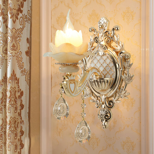 Jade Floral Wall Light Antique Living Room Wall Lighting Fixture with Hanging Crystal in Gold 1.0 Gold C Clearhalo 'Wall Lamps & Sconces' 'Wall Lights' Lighting' 2198491