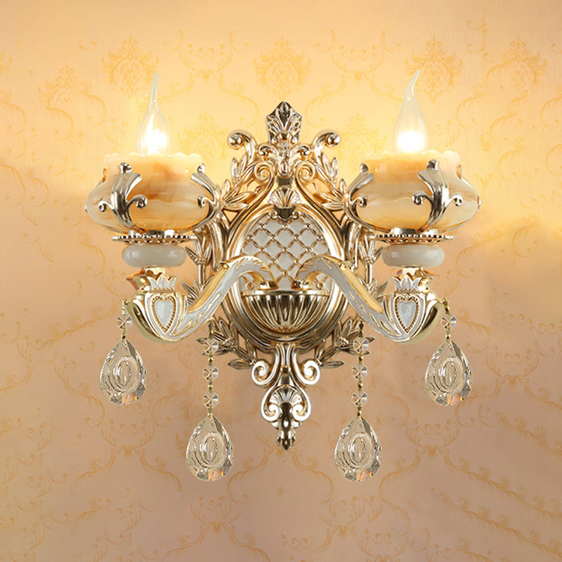 Jade Floral Wall Light Antique Living Room Wall Lighting Fixture with Hanging Crystal in Gold 2.0 Gold A Clearhalo 'Wall Lamps & Sconces' 'Wall Lights' Lighting' 2198492