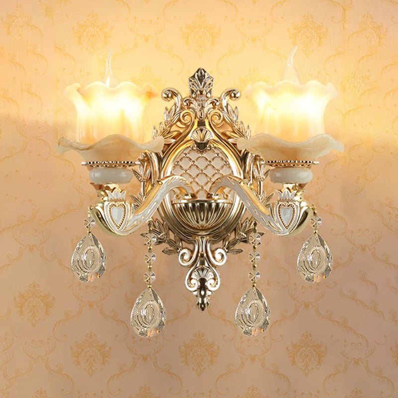 Jade Floral Wall Light Antique Living Room Wall Lighting Fixture with Hanging Crystal in Gold 2.0 Gold B Clearhalo 'Wall Lamps & Sconces' 'Wall Lights' Lighting' 2198494
