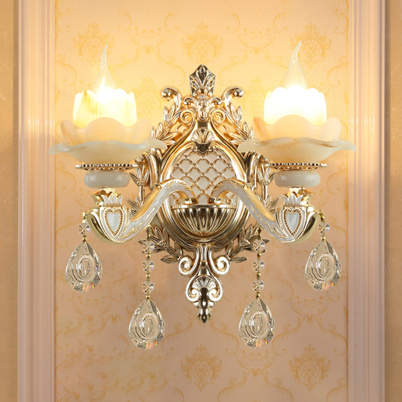 Jade Floral Wall Light Antique Living Room Wall Lighting Fixture with Hanging Crystal in Gold 2.0 Gold C Clearhalo 'Wall Lamps & Sconces' 'Wall Lights' Lighting' 2198495