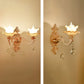 Gold Wall Mount Light Retro Glass Floral Shade Wall Lighting with Hanging Crystal Gold F Clearhalo 'Wall Lamps & Sconces' 'Wall Lights' Lighting' 2198543