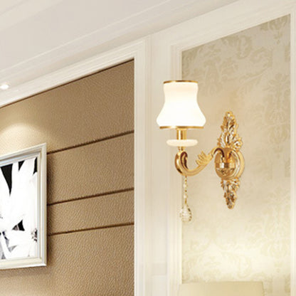 Retro Style Flower Wall Lamp Glass Wall Light Fixture with Crystal Draping in Gold 1.0 Gold B Clearhalo 'Wall Lamps & Sconces' 'Wall Lights' Lighting' 2198557