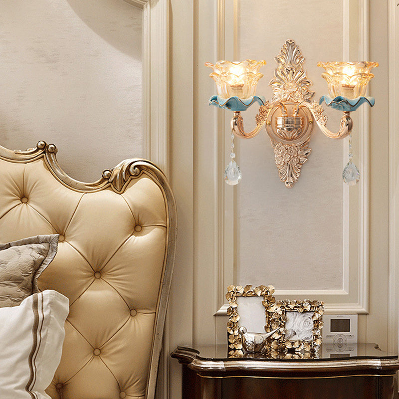 Brown Glass Floral Ruffle Wall Light Fixture Vintage Corridor Wall Mounted Lamp with Hanging Crystal in Gold 2.0 Gold Clearhalo 'Wall Lamps & Sconces' 'Wall Lights' Lighting' 2198582