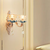 Brown Glass Floral Ruffle Wall Light Fixture Vintage Corridor Wall Mounted Lamp with Hanging Crystal in Gold Clearhalo 'Wall Lamps & Sconces' 'Wall Lights' Lighting' 2198584