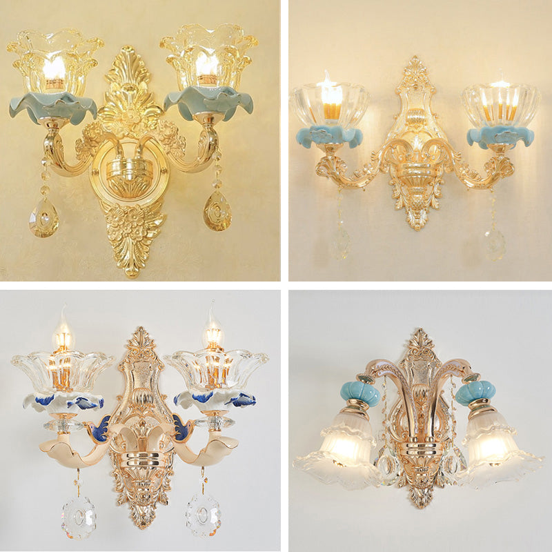 Glass Gold Wall Mount Light Ruffle Flower Retro Wall Lighting with Crystal Draping Clearhalo 'Wall Lamps & Sconces' 'Wall Lights' Lighting' 2198590