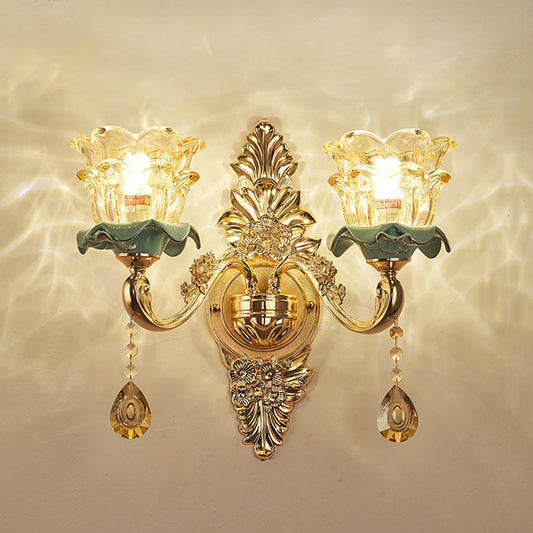 Glass Gold Wall Mount Light Ruffle Flower Retro Wall Lighting with Crystal Draping Clearhalo 'Wall Lamps & Sconces' 'Wall Lights' Lighting' 2198592