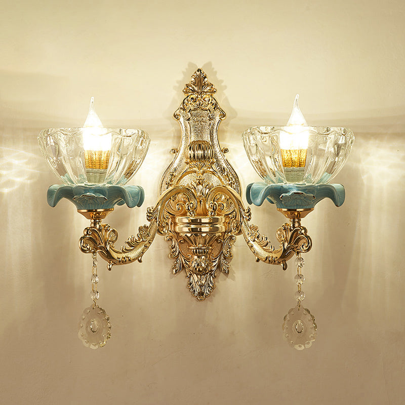 Glass Gold Wall Mount Light Ruffle Flower Retro Wall Lighting with Crystal Draping 2.0 Gold B Clearhalo 'Wall Lamps & Sconces' 'Wall Lights' Lighting' 2198594