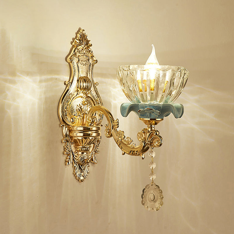 Glass Gold Wall Mount Light Ruffle Flower Retro Wall Lighting with Crystal Draping 1.0 Gold B Clearhalo 'Wall Lamps & Sconces' 'Wall Lights' Lighting' 2198595
