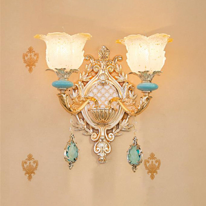 Glass Gold Wall Mount Light Ruffle Flower Retro Wall Lighting with Crystal Draping 2.0 Gold C Clearhalo 'Wall Lamps & Sconces' 'Wall Lights' Lighting' 2198597