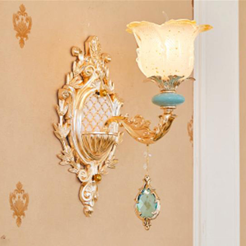Glass Gold Wall Mount Light Ruffle Flower Retro Wall Lighting with Crystal Draping 1.0 Gold C Clearhalo 'Wall Lamps & Sconces' 'Wall Lights' Lighting' 2198598