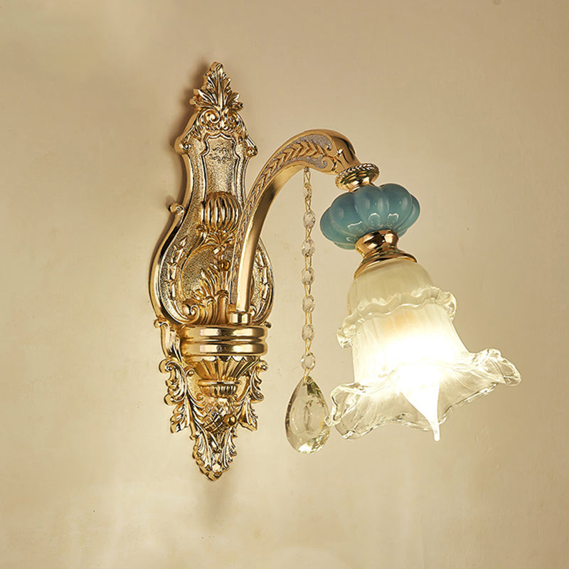 Glass Gold Wall Mount Light Ruffle Flower Retro Wall Lighting with Crystal Draping 1.0 Gold D Clearhalo 'Wall Lamps & Sconces' 'Wall Lights' Lighting' 2198601