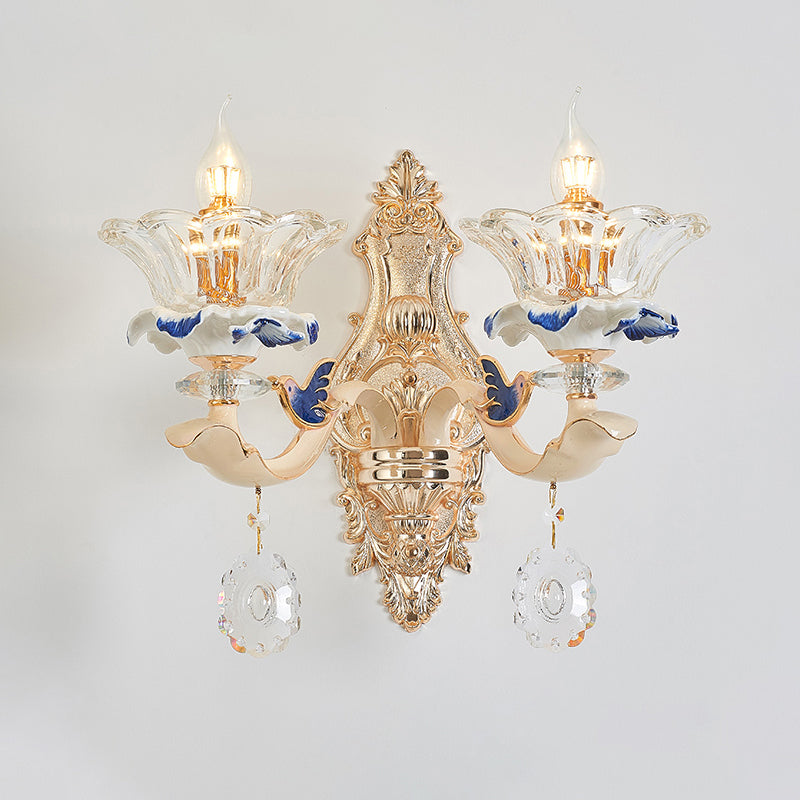 Glass Gold Wall Mount Light Ruffle Flower Retro Wall Lighting with Crystal Draping 2.0 Gold E Clearhalo 'Wall Lamps & Sconces' 'Wall Lights' Lighting' 2198602
