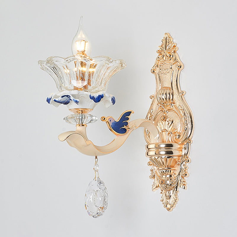 Glass Gold Wall Mount Light Ruffle Flower Retro Wall Lighting with Crystal Draping 1.0 Gold E Clearhalo 'Wall Lamps & Sconces' 'Wall Lights' Lighting' 2198603