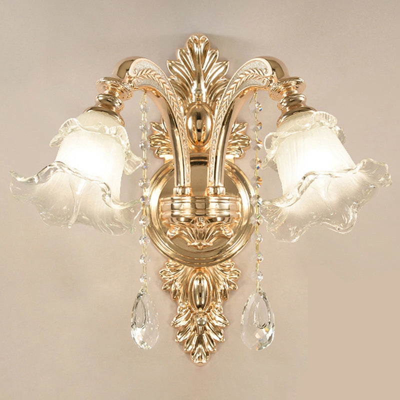 Gold Floral Wall Lamp Retro Style Frosted Glass Living Room Wall Light Fixture with Crystal Accent 2.0 Gold C Clearhalo 'Wall Lamps & Sconces' 'Wall Lights' Lighting' 2198605