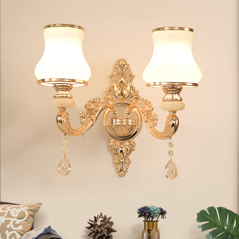 Gold Floral Wall Lamp Retro Style Frosted Glass Living Room Wall Light Fixture with Crystal Accent 2.0 Gold D Clearhalo 'Wall Lamps & Sconces' 'Wall Lights' Lighting' 2198606
