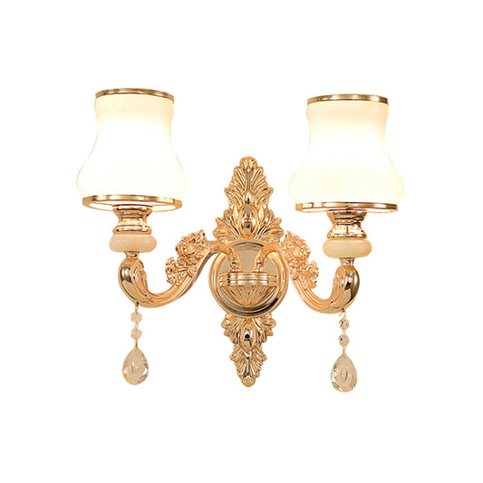 Gold Floral Wall Lamp Retro Style Frosted Glass Living Room Wall Light Fixture with Crystal Accent Clearhalo 'Wall Lamps & Sconces' 'Wall Lights' Lighting' 2198607