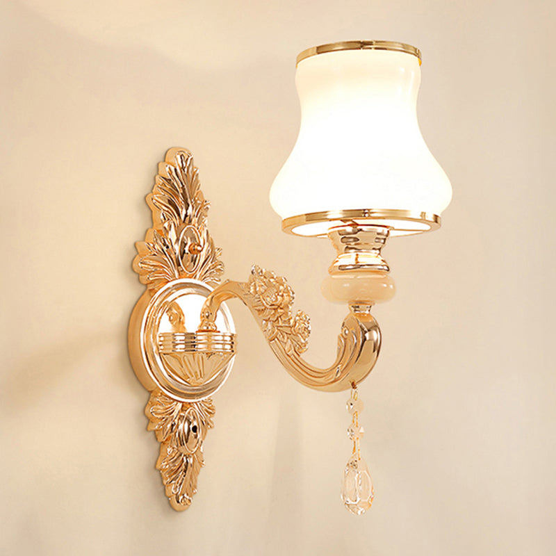 Gold Floral Wall Lamp Retro Style Frosted Glass Living Room Wall Light Fixture with Crystal Accent 1.0 Gold D Clearhalo 'Wall Lamps & Sconces' 'Wall Lights' Lighting' 2198608