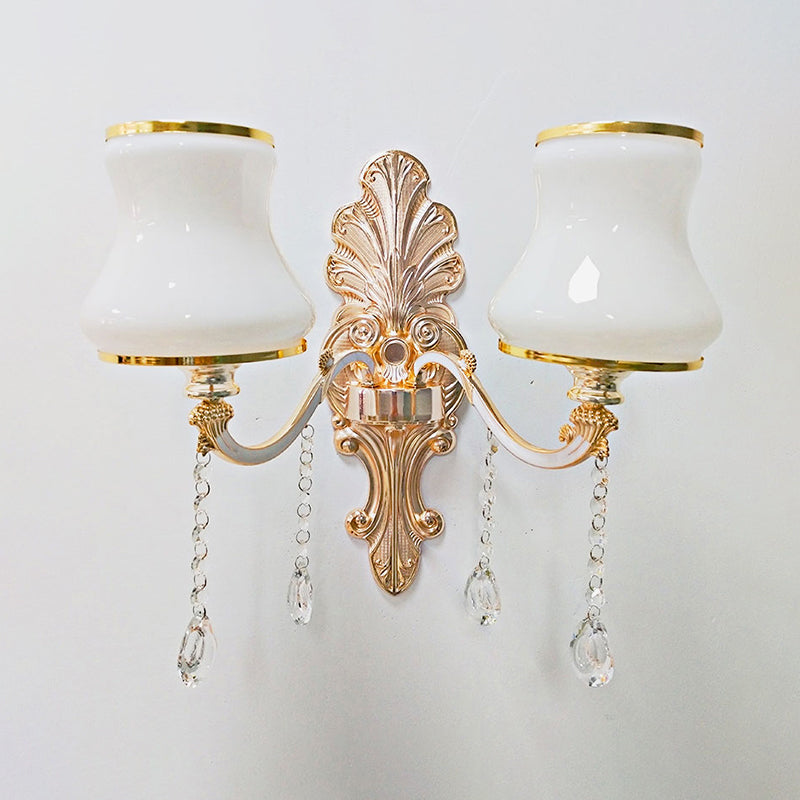 Gold Floral Wall Lamp Retro Style Frosted Glass Living Room Wall Light Fixture with Crystal Accent 2.0 Gold A Clearhalo 'Wall Lamps & Sconces' 'Wall Lights' Lighting' 2198609
