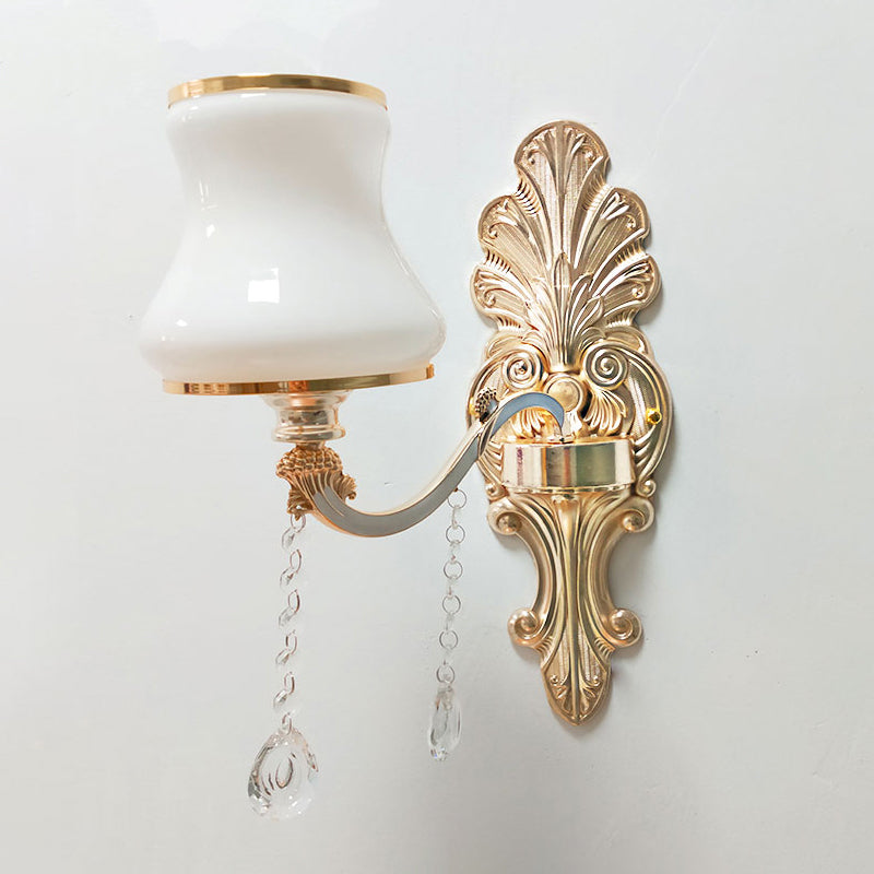 Gold Floral Wall Lamp Retro Style Frosted Glass Living Room Wall Light Fixture with Crystal Accent 1.0 Gold A Clearhalo 'Wall Lamps & Sconces' 'Wall Lights' Lighting' 2198610