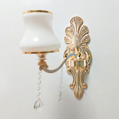 Gold Floral Wall Lamp Retro Style Frosted Glass Living Room Wall Light Fixture with Crystal Accent 1.0 Gold A Clearhalo 'Wall Lamps & Sconces' 'Wall Lights' Lighting' 2198610