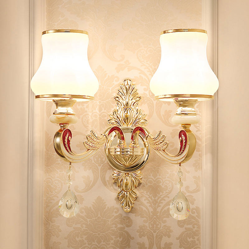 Gold Floral Wall Lamp Retro Style Frosted Glass Living Room Wall Light Fixture with Crystal Accent 2.0 Gold B Clearhalo 'Wall Lamps & Sconces' 'Wall Lights' Lighting' 2198611