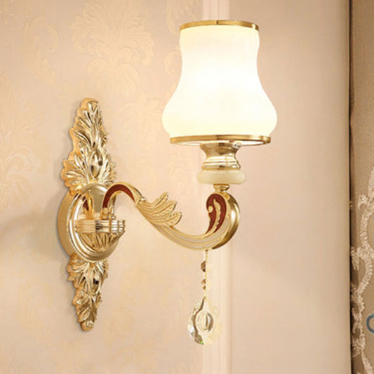 Gold Floral Wall Lamp Retro Style Frosted Glass Living Room Wall Light Fixture with Crystal Accent 1.0 Gold B Clearhalo 'Wall Lamps & Sconces' 'Wall Lights' Lighting' 2198612