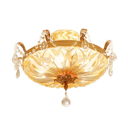 Gold 5 Heads Flush Mount Antique Ribbed Crystal Bowl Shade Flushmount Ceiling Light with Crystal Draping Gold Clearhalo 'Ceiling Lights' 'Close To Ceiling Lights' 'Close to ceiling' 'Semi-flushmount' Lighting' 2198613