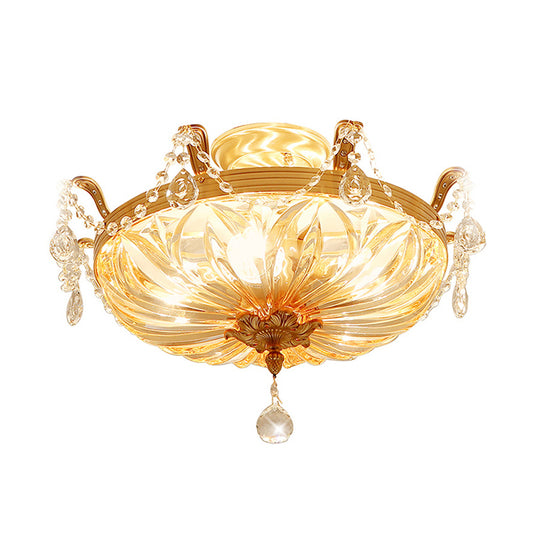Gold 5 Heads Flush Mount Antique Ribbed Crystal Bowl Shade Flushmount Ceiling Light with Crystal Draping Gold Clearhalo 'Ceiling Lights' 'Close To Ceiling Lights' 'Close to ceiling' 'Semi-flushmount' Lighting' 2198613