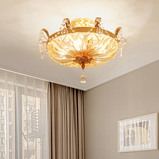 Gold 5 Heads Flush Mount Antique Ribbed Crystal Bowl Shade Flushmount Ceiling Light with Crystal Draping Clearhalo 'Ceiling Lights' 'Close To Ceiling Lights' 'Close to ceiling' 'Semi-flushmount' Lighting' 2198614