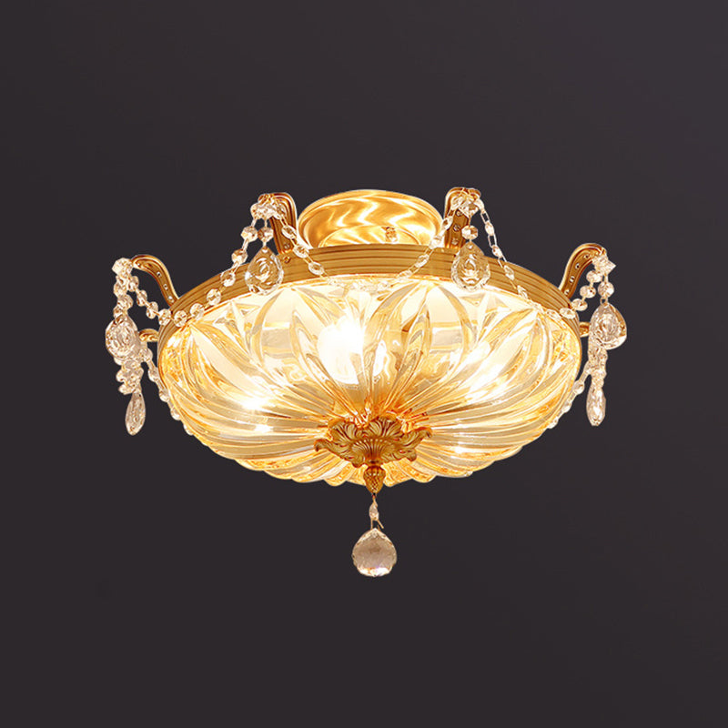 Gold 5 Heads Flush Mount Antique Ribbed Crystal Bowl Shade Flushmount Ceiling Light with Crystal Draping Clearhalo 'Ceiling Lights' 'Close To Ceiling Lights' 'Close to ceiling' 'Semi-flushmount' Lighting' 2198615