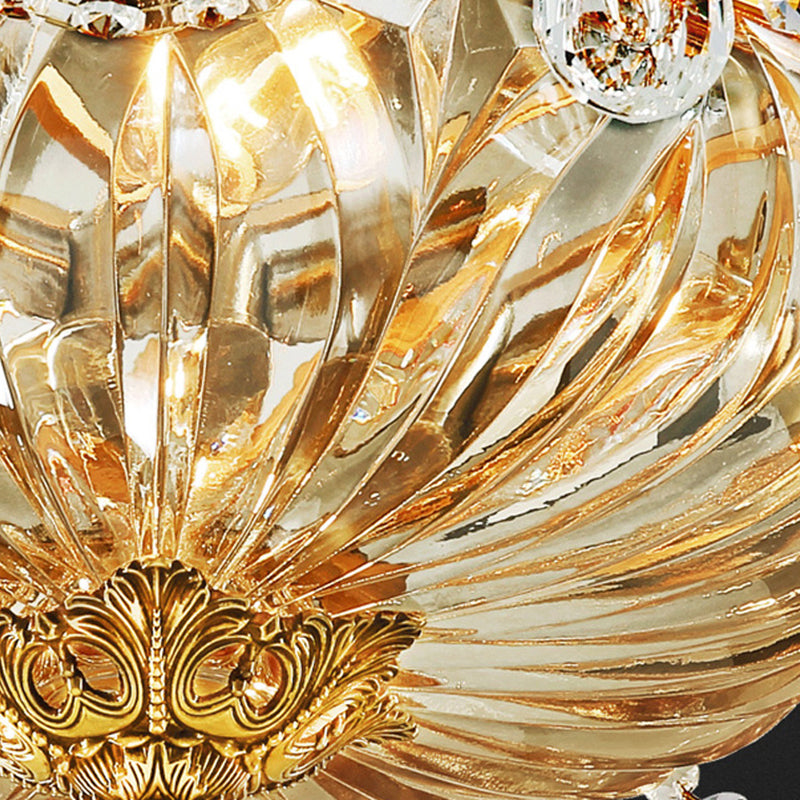Gold 5 Heads Flush Mount Antique Ribbed Crystal Bowl Shade Flushmount Ceiling Light with Crystal Draping Clearhalo 'Ceiling Lights' 'Close To Ceiling Lights' 'Close to ceiling' 'Semi-flushmount' Lighting' 2198616