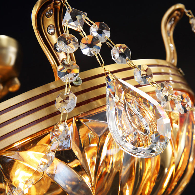 Gold 5 Heads Flush Mount Antique Ribbed Crystal Bowl Shade Flushmount Ceiling Light with Crystal Draping Clearhalo 'Ceiling Lights' 'Close To Ceiling Lights' 'Close to ceiling' 'Semi-flushmount' Lighting' 2198617