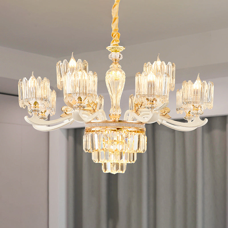 Cylindrical Shaped Living Room Chandelier Light Retro Clear Glass Gold Pendant Light with Layered Crystal Decor Clearhalo 'Ceiling Lights' 'Chandeliers' Lighting' options 2198638