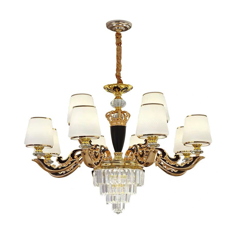 White Glass Tapered Ceiling Lighting Traditional Living Room Chandelier Light with Layered Crystal Decor Clearhalo 'Ceiling Lights' 'Chandeliers' Lighting' options 2198723