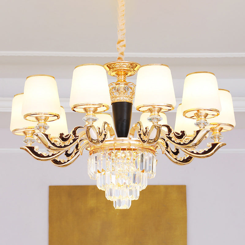 White Glass Tapered Ceiling Lighting Traditional Living Room Chandelier Light with Layered Crystal Decor 10 White Clearhalo 'Ceiling Lights' 'Chandeliers' Lighting' options 2198724_1209e4ca-7c0c-4944-8566-19c3892aba82