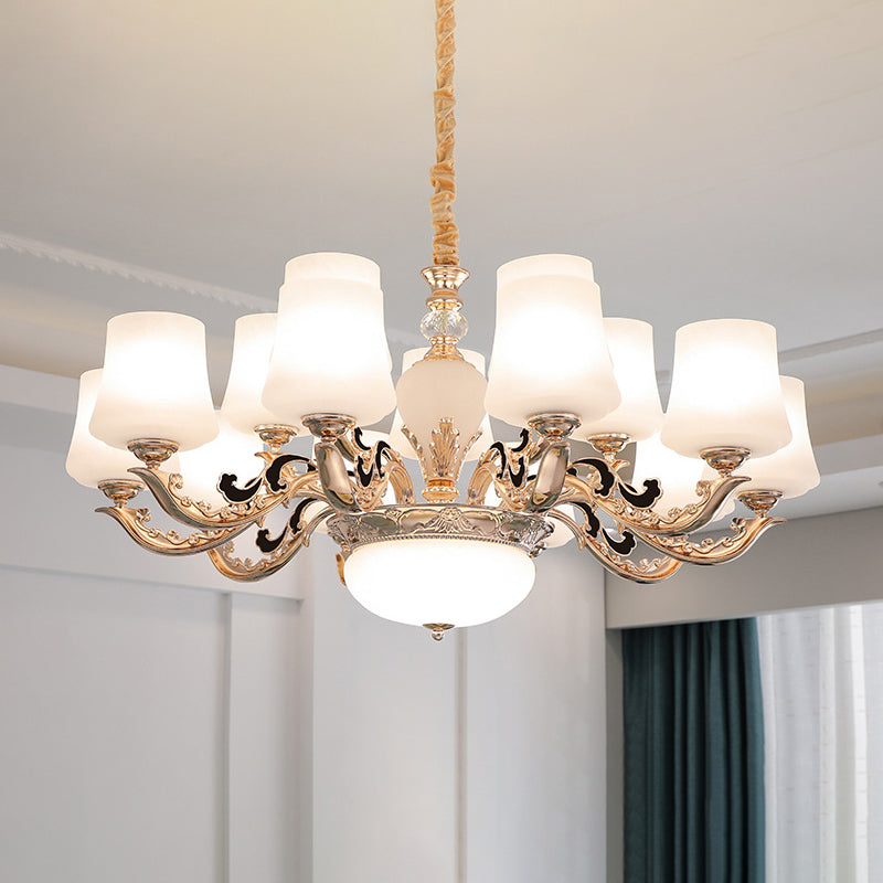 Retro Tapered Shade Chandelier Light White Glass Pendant Light Fixture for Living Room 15 White Glass Clearhalo 'Ceiling Lights' 'Chandeliers' 'Glass shade' 'Glass' Lighting' 2198738