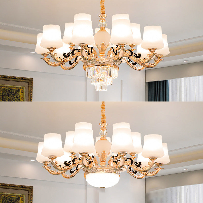 Retro Tapered Shade Chandelier Light White Glass Pendant Light Fixture for Living Room Clearhalo 'Ceiling Lights' 'Chandeliers' 'Glass shade' 'Glass' Lighting' 2198739