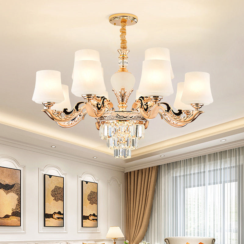 Retro Tapered Shade Chandelier Light White Glass Pendant Light Fixture for Living Room 12 White Crystal Clearhalo 'Ceiling Lights' 'Chandeliers' 'Glass shade' 'Glass' Lighting' 2198740