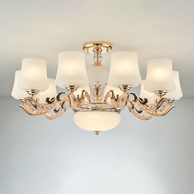 Retro Tapered Shade Chandelier Light White Glass Pendant Light Fixture for Living Room 10 White Glass Clearhalo 'Ceiling Lights' 'Chandeliers' 'Glass shade' 'Glass' Lighting' 2198745