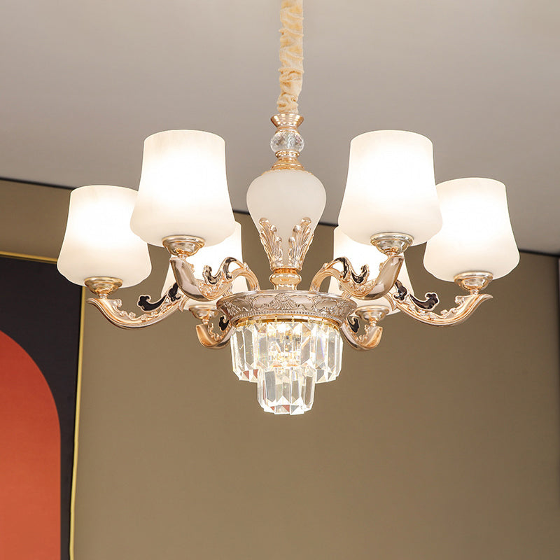 Retro Tapered Shade Chandelier Light White Glass Pendant Light Fixture for Living Room 6 White Crystal Clearhalo 'Ceiling Lights' 'Chandeliers' 'Glass shade' 'Glass' Lighting' 2198749