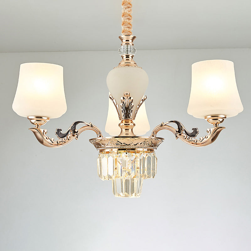 Retro Tapered Shade Chandelier Light White Glass Pendant Light Fixture for Living Room 3 White Crystal Clearhalo 'Ceiling Lights' 'Chandeliers' 'Glass shade' 'Glass' Lighting' 2198751