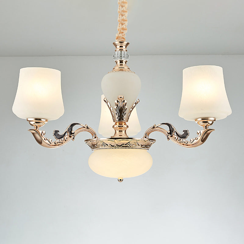 Retro Tapered Shade Chandelier Light White Glass Pendant Light Fixture for Living Room 3 White Glass Clearhalo 'Ceiling Lights' 'Chandeliers' 'Glass shade' 'Glass' Lighting' 2198752